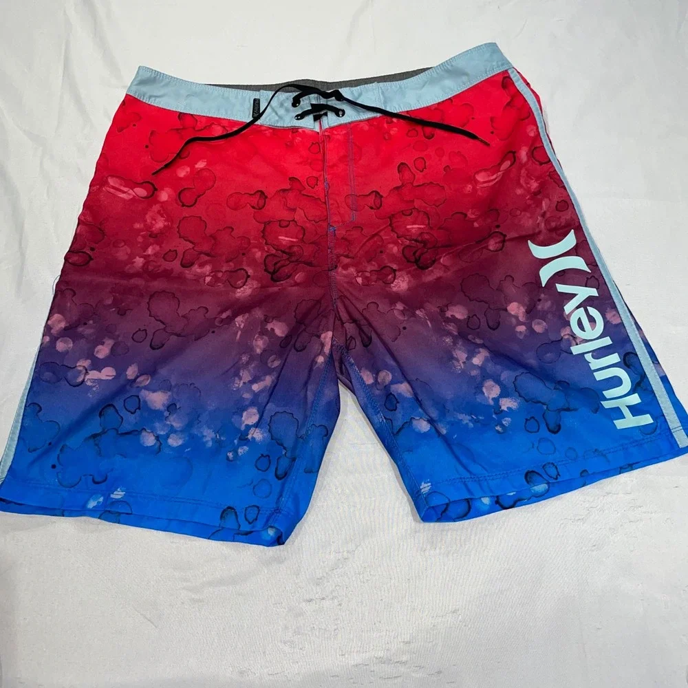 Hurley Mens Board Shorts Size 33 Red Blue Gradient Watercolor Swim